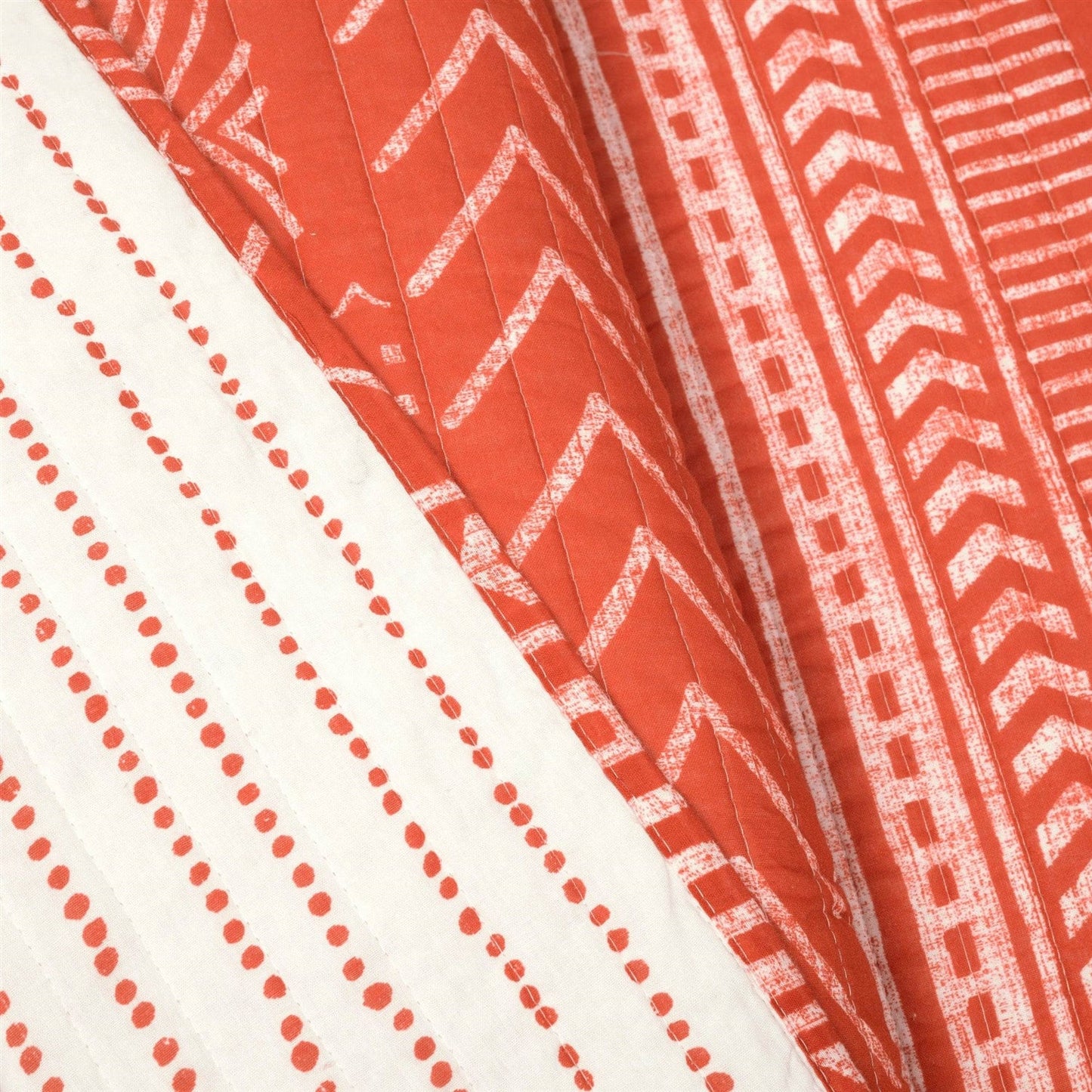 Full/Queen Scandinavian Chevron Orange White Stripe Reversible Cotton Quilt Set