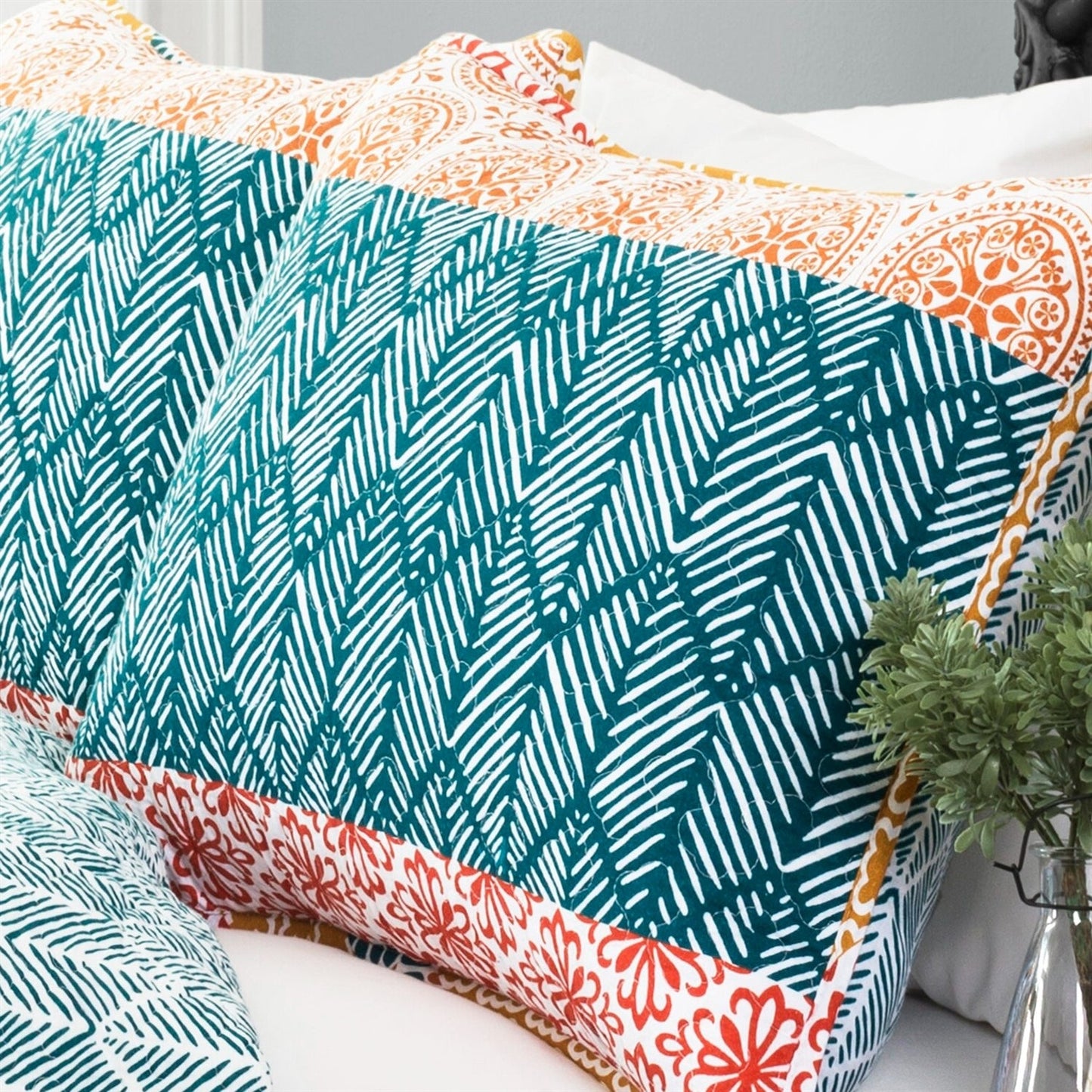 Full/Queen size Cotton 3 Piece Reversible Teal Orange Bohemian Stripe Quilt Set