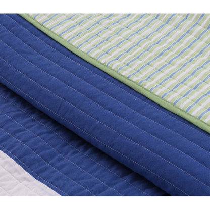 Full/Queen Navy Blue/Green/Teal/White Stripe 100-Percent Cotton Quilt Set