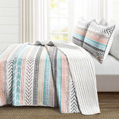 Full/Queen Scandinavian Chevron Teal White Orange Reversible Cotton Quilt Set