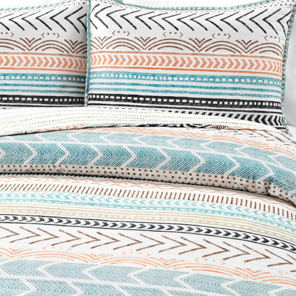 Full/Queen Scandinavian Chevron Teal White Orange Reversible Cotton Quilt Set