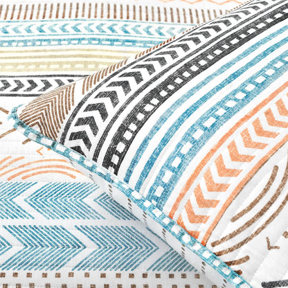 Full/Queen Scandinavian Chevron Teal White Orange Reversible Cotton Quilt Set