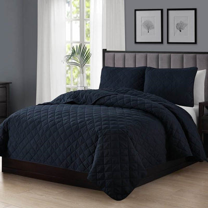 Full Queen 3-Piece Navy Blue Polyester Microfiber Reversible Diamond Quilt Set