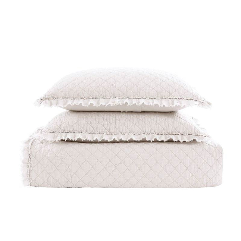 Full Queen White Farmhouse Microfiber Diamond Quilted Bedspread Set Frayed Edges