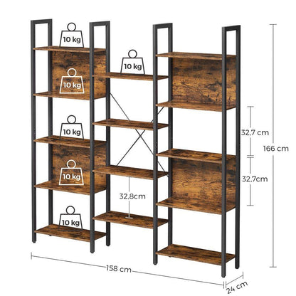 Industrial Farmhouse Rustic Brown Wood Black Metal 14-Shelf Bookcase