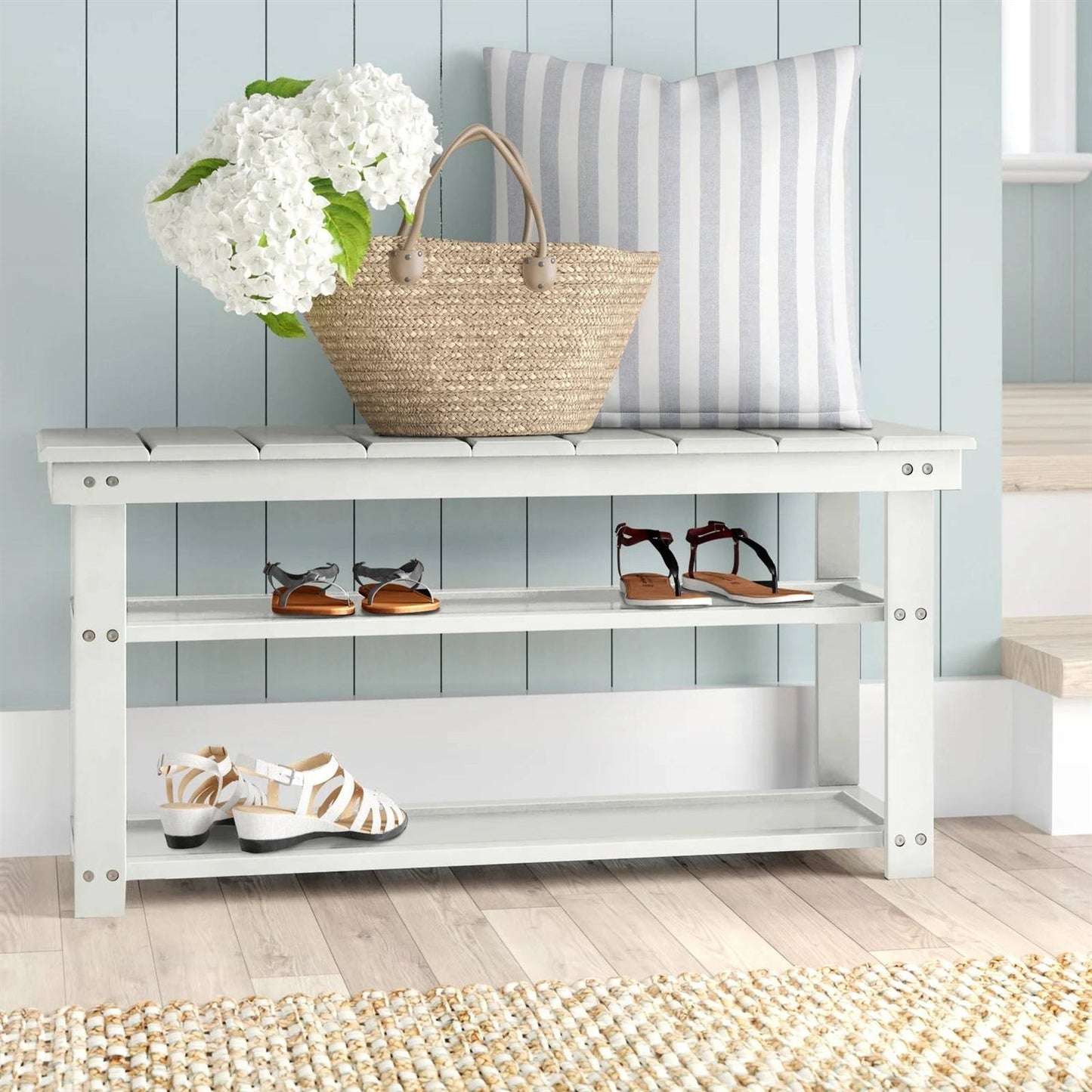 White Slatted Wood 2-Shelf Shoe Rack Storage Bench For Entryway or Closet