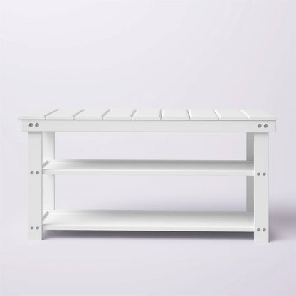 White Slatted Wood 2-Shelf Shoe Rack Storage Bench For Entryway or Closet