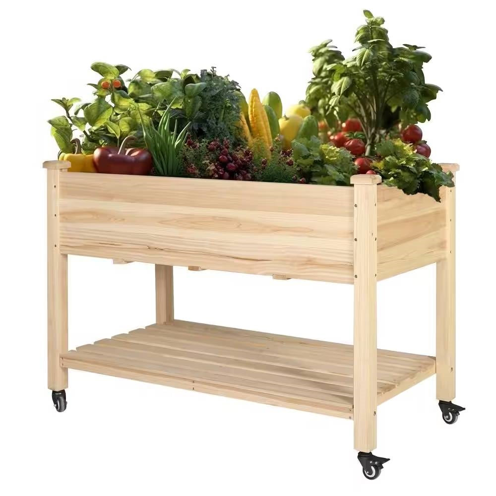 Outdoor Wood Raised Garden Bed Planter Box Cart on Wheels 46-inch x 22-inch