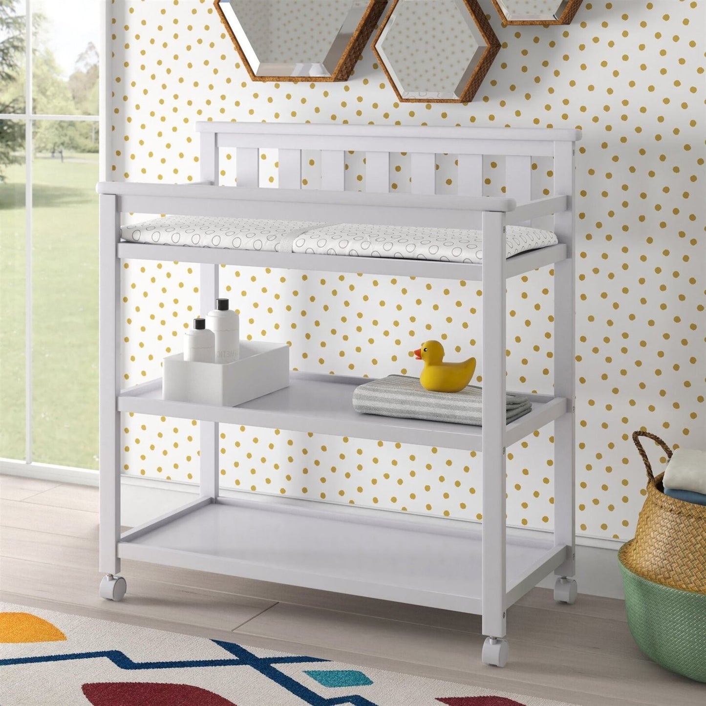 Modern White Baby's First 2 Shelf Changing Table with Wheels