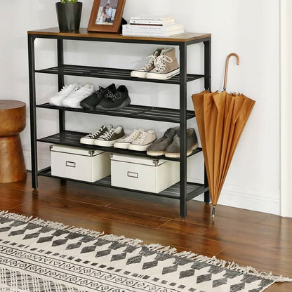 Modern Industrial Style 5-Tier Black Metal Shoe Rack with Brown Wood Top