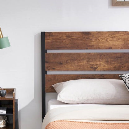 Full Industrial Platform Bed Frame with Brown Wood Slatted Headboard Footboard