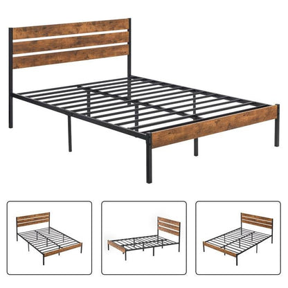 Full Industrial Platform Bed Frame with Brown Wood Slatted Headboard Footboard