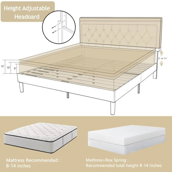 Full Size Adjustable Height Platform Bed Frame with Beige Upholstered Headboard