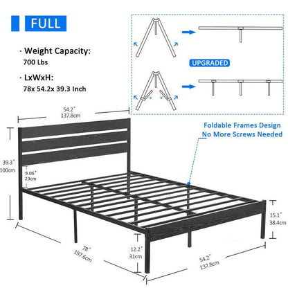 Full size Industrial Platform Bed Frame with Wood Slatted Headboard in Black