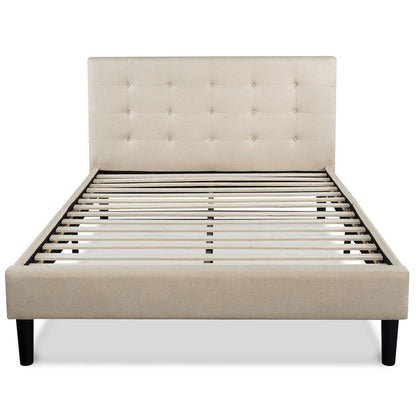 Full size Platform Bed Frame with Taupe Button Tufted Upholstered Headboard