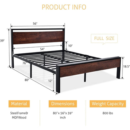 Full Metal Platform Bed Frame with Mahogany Wood Panel Headboard Footboard