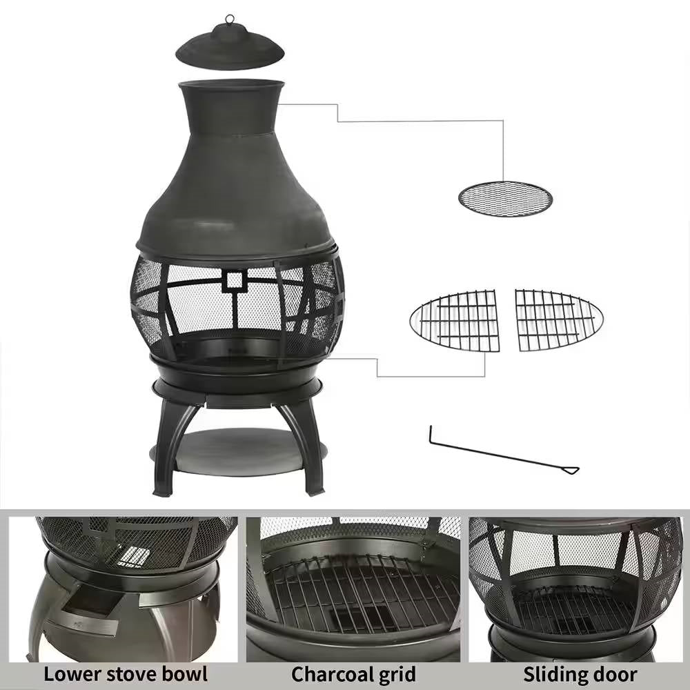 45-inch Black Cast Iron and Steel Outdoor Fire Pit Chimenea