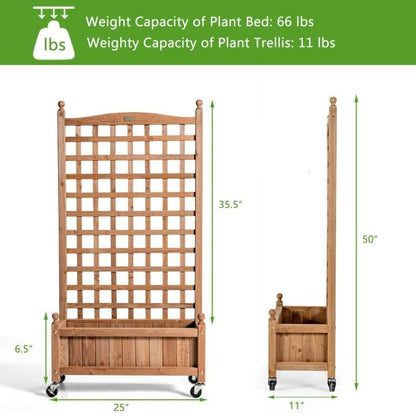 Outdoor Solid Wood Raised Garden Bed Mobile Planter Box with Trellis on Wheels