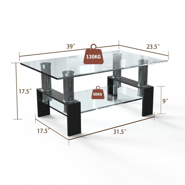 Modern 2 Tier Glass Coffee Table with Black Metal Legs