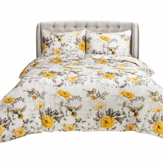 Full/Queen 3 Piece White Yellow Grey Reversible Floral Birds Cotton Quilt Set