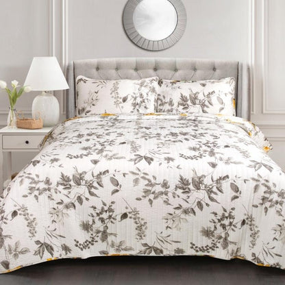 Full/Queen 3 Piece White Yellow Grey Reversible Floral Birds Cotton Quilt Set