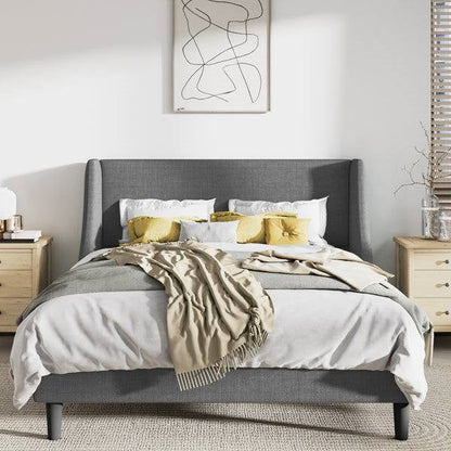 King Size Upholstered Linen Blend Headboard Wingback Platform Bed in Grey