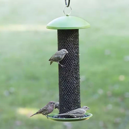 Outdoor Metal Mesh Tube Hanging Bird Feeder with Green Top and Perch