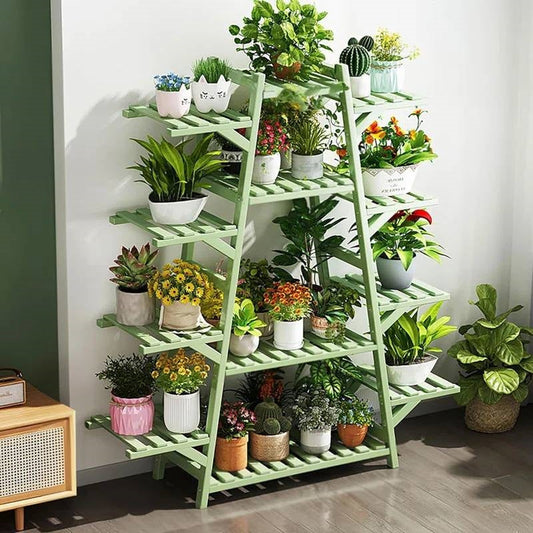 Indoor Outdoor 12-Shelf Green Wood Triangular Flower Pot Plant Stand