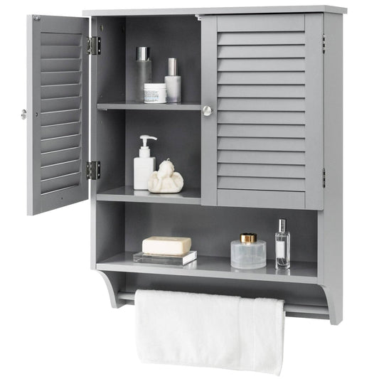 Grey Wall-Mounted Bathroom Medicine Cabinet with Louver Doors and Towel Bar