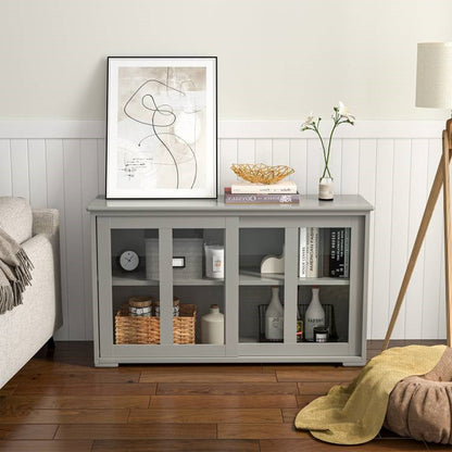 Grey Wood Buffet Kitchen Dining Sideboard Storage Cabinet w/ Glass Sliding Door