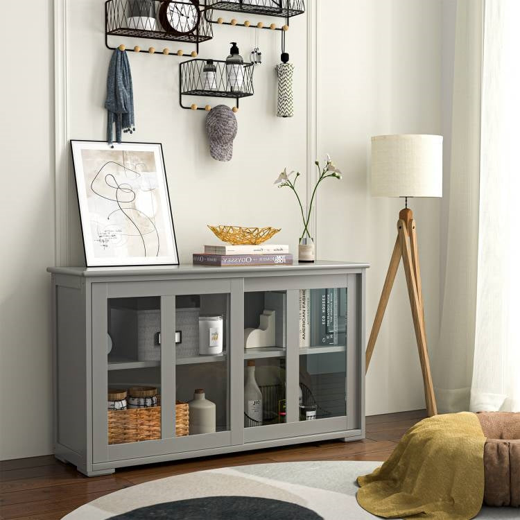 Grey Wood Buffet Kitchen Dining Sideboard Storage Cabinet w/ Glass Sliding Door