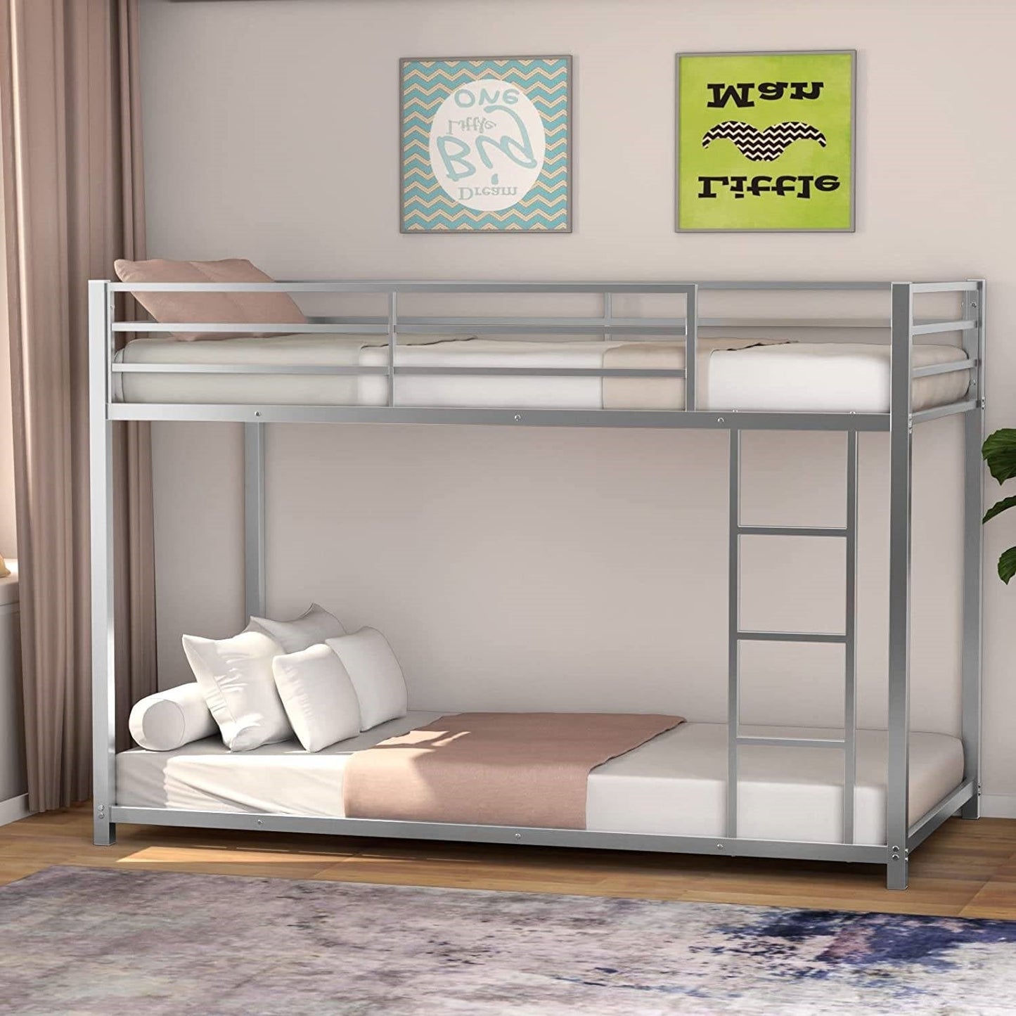 Twin over Twin Low Profile Modern Bunk Bed in Silver Metal Finish