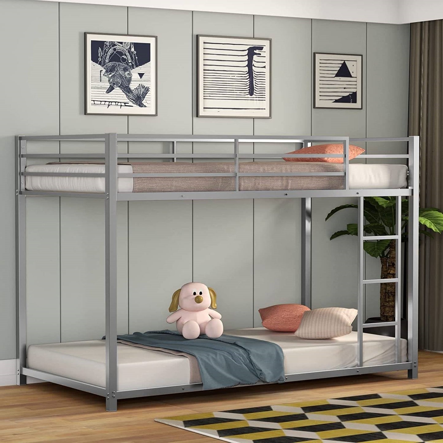 Twin over Twin Low Profile Modern Bunk Bed in Silver Metal Finish