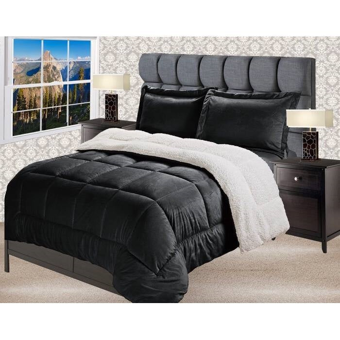 Twin Size 2 Piece Ultra Soft Sherpa Wrinkle Resistant Comforter Set in Black