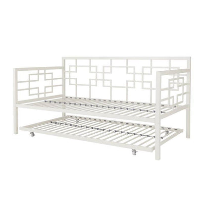 Contemporary White Metal Daybed Frame with Twin Pull-Out Trundle Bed