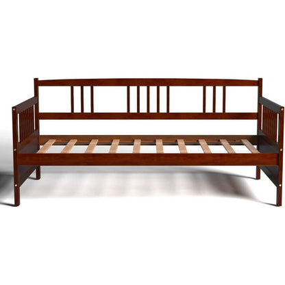 Twin size 2-in-1 Wood Daybed Frame Sofa Bed in Brown Cherry Finish