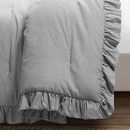 Full/Queen Grey White Stripe Ruffle Reversible 3 Piece Comforter Set