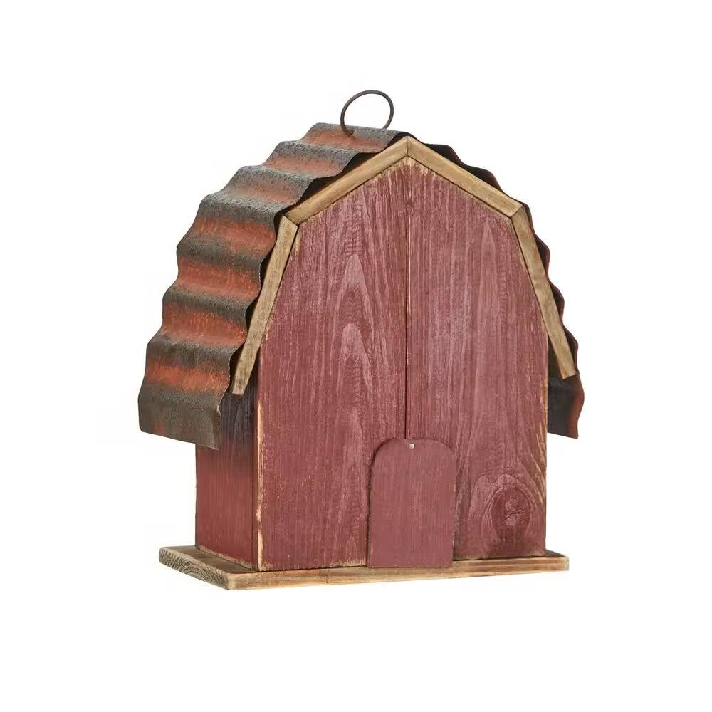 Outdoor Red Wood and Metal Barn Style Hanging Bird House