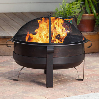 Heavy Duty 34-inch Fire Pit Deep Steel Cauldron with Screen and Stand