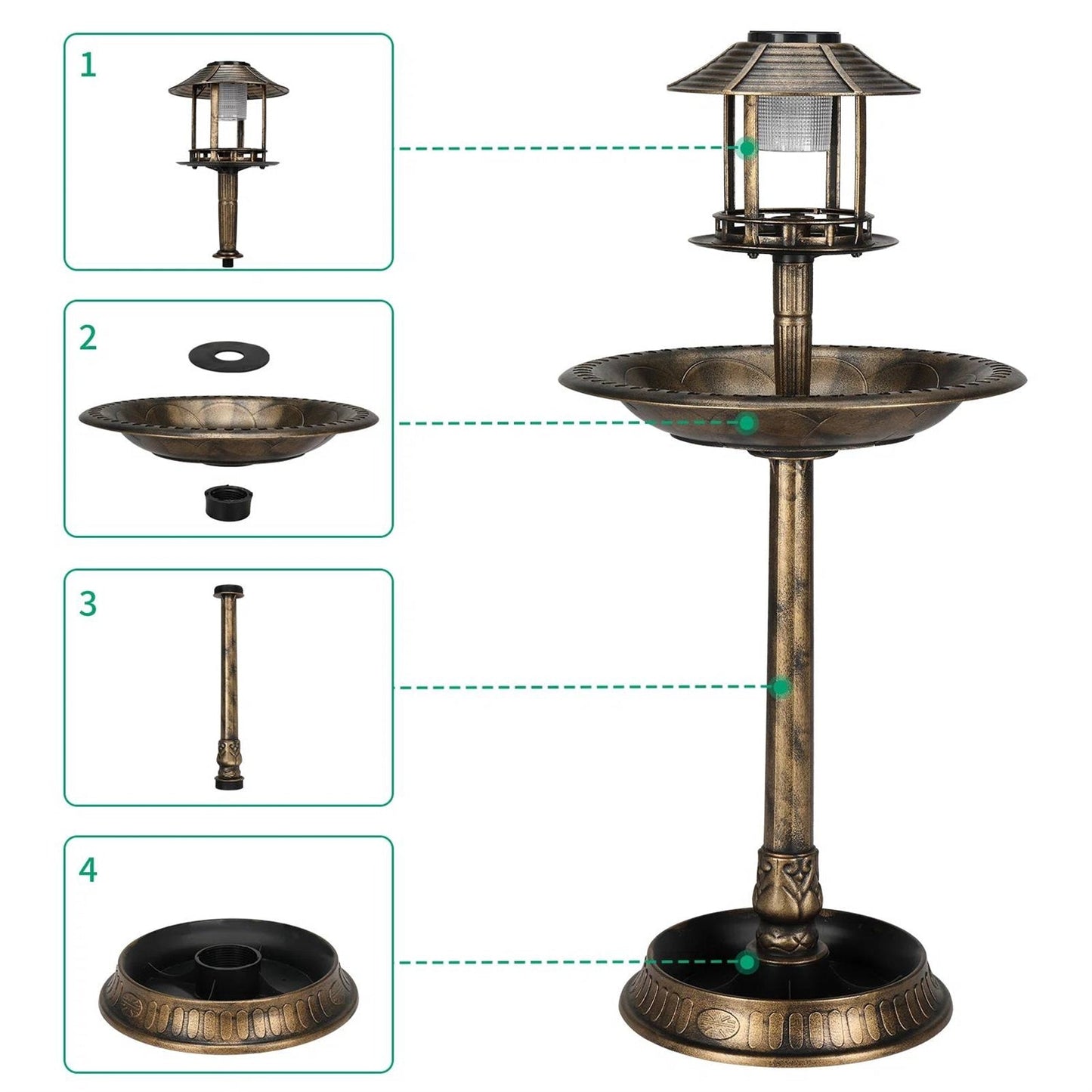 Outdoor Garden Birdbath in Bronze Finish with Solar Light