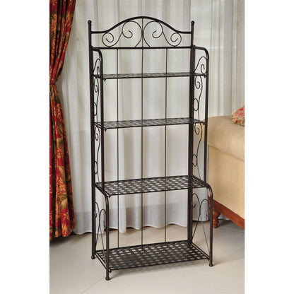 Indoor / Outdoor Folding Iron 4-Shelf Bakers Rack in Bronze with Lattice Shelves