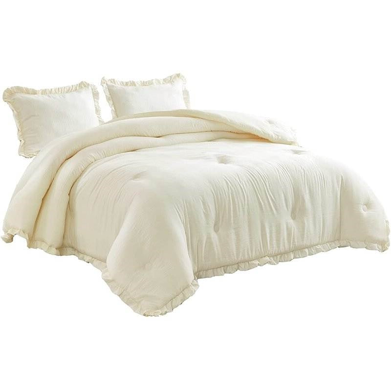 Full Size Ivory Microfiber 3-Piece Comforter Set with Ruffled Edge Trim