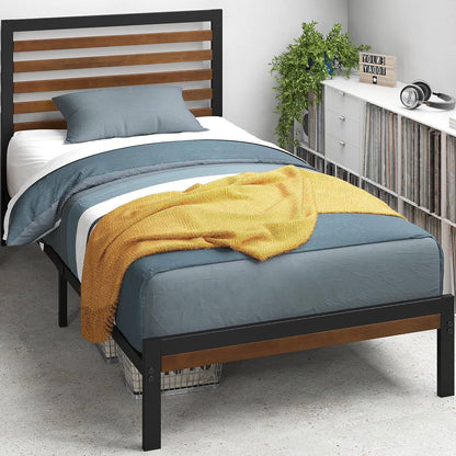 Twin Metal Platform Bed Frame with Bamboo Wood Slatted Headboard and Footboard