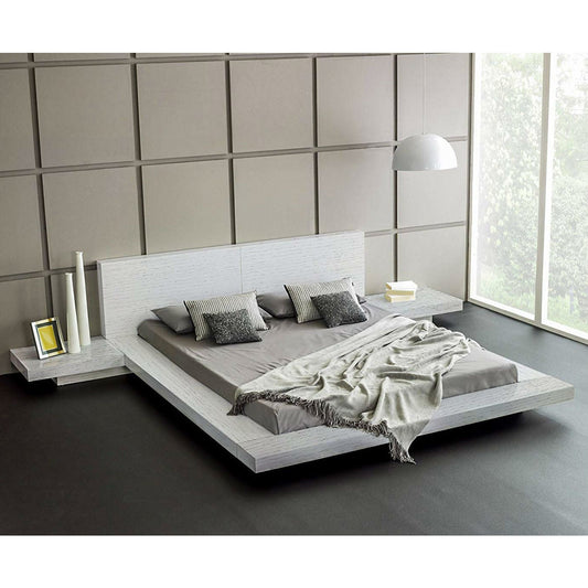 King Modern Platform Bed with Headboard and 2 Nightstand in Ash White