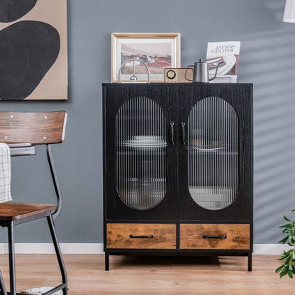 Modern Black Brown Metal Wood Sideboard Dining Buffet Cabinet with Glass Doors