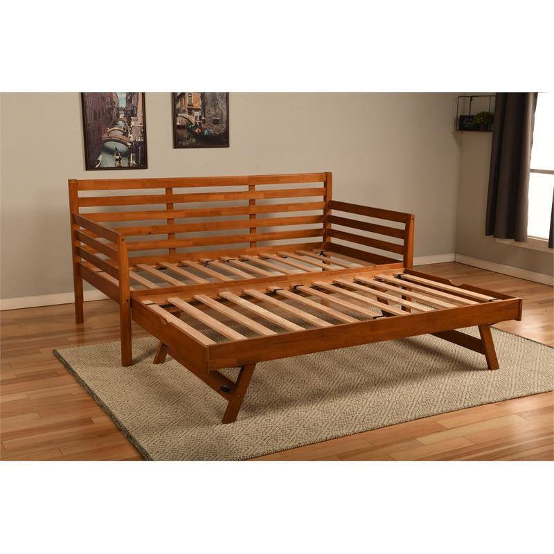 Solid Wood Day Bed Frame with Pull-out Pop Up Trundle Bed in Medium Brown