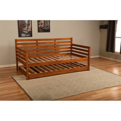 Solid Wood Day Bed Frame with Pull-out Pop Up Trundle Bed in Medium Brown