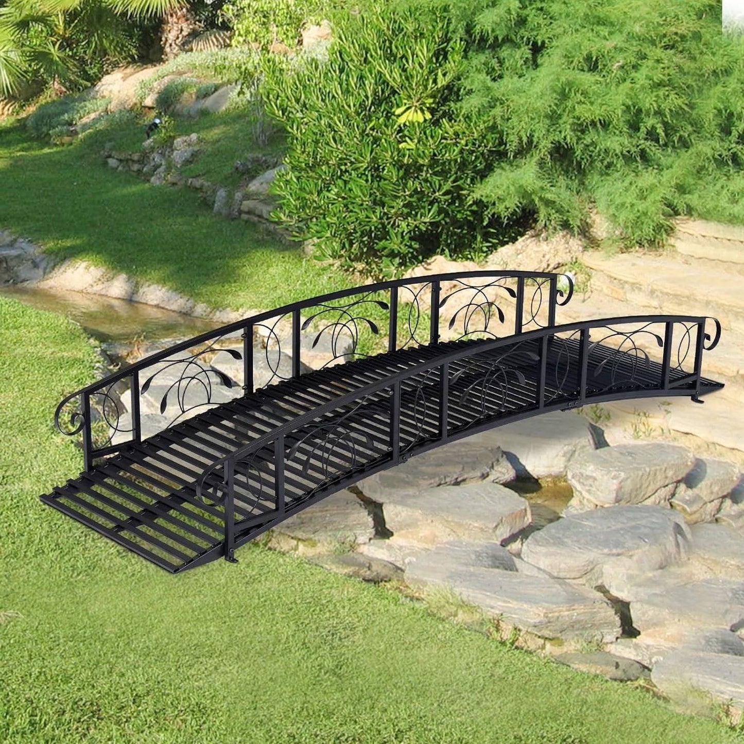 Outdoor 8-Ft Heavy Duty Black Metal Arch Garden Bridge with Side Rails