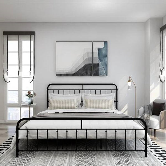 King size Black Metal Platform Bed Frame with Rounded Headboard Footboard