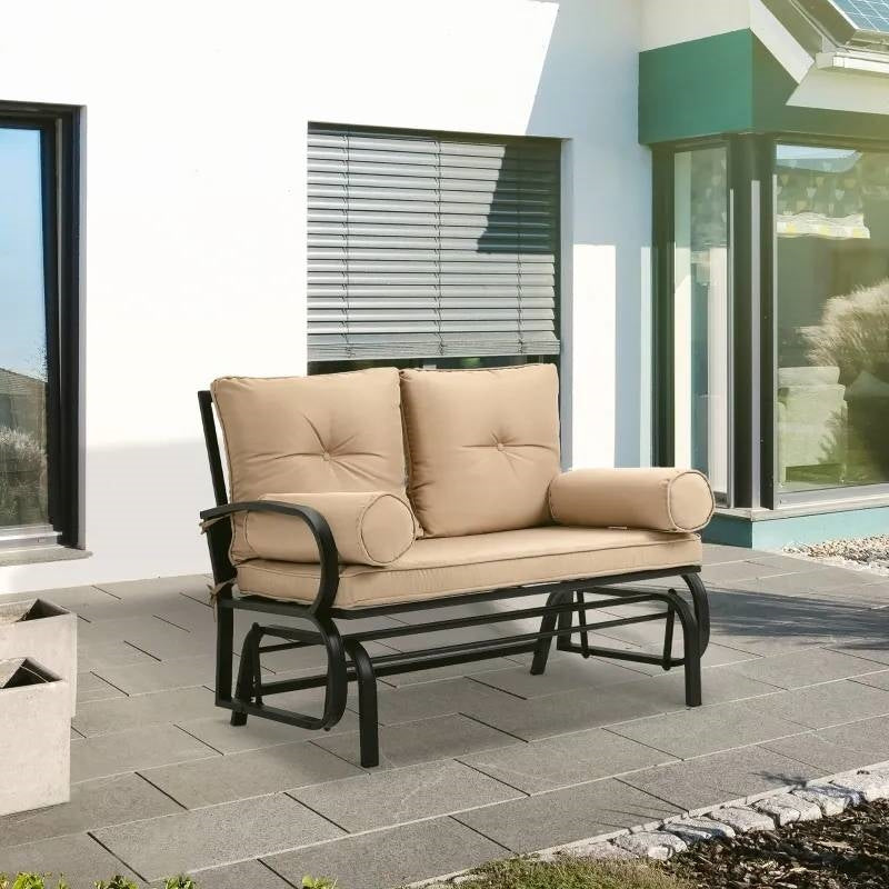 Outdoor Garden Patio Rocking Glider Chair Loveseat with Tan Khaki Cushions